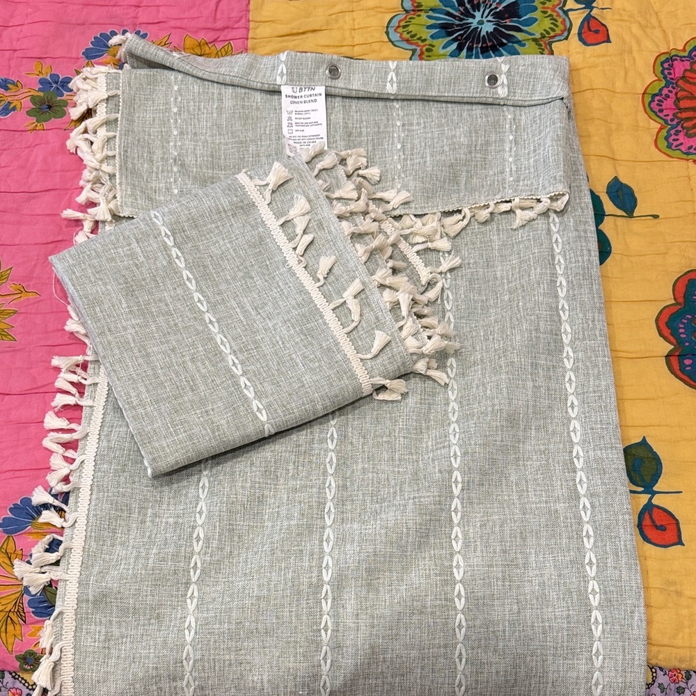 Sage and Cream tassel shower curtains.